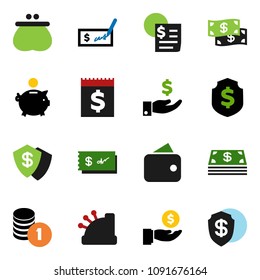 solid vector ixon set - piggy bank vector, investment, coin stack, check, dollar shield, receipt, wallet, cash, cashbox