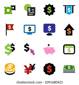 solid vector ixon set - piggy bank vector, dollar growth, medal, flag, calendar, monitor, cursor, any currency, yen sign, receipt, coin, cash
