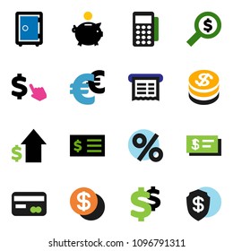 solid vector ixon set - piggy bank vector, dollar growth, receipt, money search, safe, cursor, euro sign, credit card, coin, percent, reader, check, shield