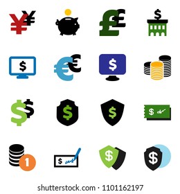 solid vector ixon set - piggy bank vector, coin stack, check, building, dollar shield, monitor, euro sign, pound, yen