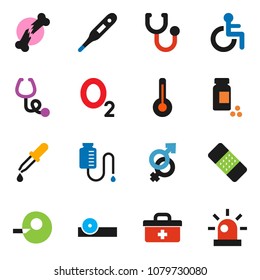 solid vector ixon set - pills vial vector, oxygen, doctor bag, disabled, thermometer, gender sign, insemination, dropper, broken bone, patch, stethoscope, eye hat, drop counter, siren
