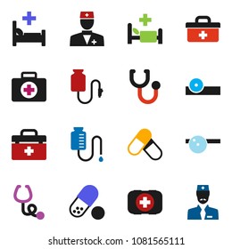 solid vector ixon set - pills vector, first aid kit, doctor bag, stethoscope, eye hat, hospital bed, drop counter