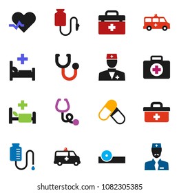 solid vector ixon set - pills vector, first aid kit, doctor bag, heart pulse, stethoscope, eye hat, hospital bed, amkbulance car, drop counter