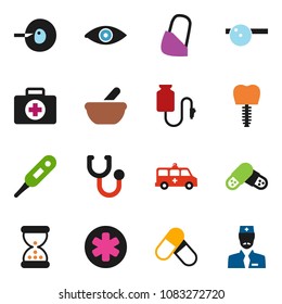 solid vector ixon set - pills vector, first aid kit, ambulance star, thermometer, eye, insemination, sand clock, stethoscope, mortar, doctor hat, amkbulance car, bandage, drop counter, tooth implant