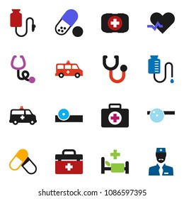 solid vector ixon set - pills vector, first aid kit, doctor bag, heart pulse, stethoscope, eye hat, hospital bed, amkbulance car, drop counter
