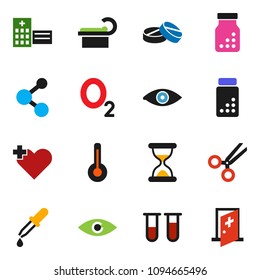 solid vector ixon set - pills vial vector, molecule, oxygen, heart cross, thermometer, eye, dropper, scissors, sand clock, bottle, hospital building, tomography, medical room