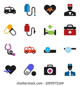 solid vector ixon set - pills vector, first aid kit, doctor bag, heart pulse, stethoscope, eye hat, hospital bed, amkbulance car, drop counter
