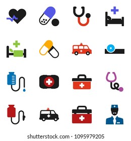 solid vector ixon set - pills vector, first aid kit, doctor bag, heart pulse, stethoscope, eye hat, hospital bed, amkbulance car, drop counter