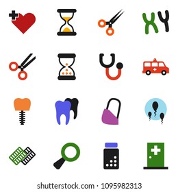 solid vector ixon set - pills vial vector, heart cross, magnifier, scissors, sand clock, stethoscope, blister, chromosomes, amkbulance car, bandage, sperm, tooth, implant, medical room
