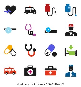 solid vector ixon set - pills vector, first aid kit, doctor bag, heart pulse, stethoscope, eye hat, hospital bed, amkbulance car, drop counter