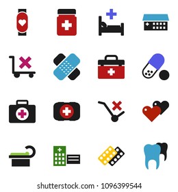 solid vector ixon set - pills vector, heart monitor, first aid kit, no trolley, doctor bag, patch, bottle, blister, hospital bed, building, tomography, tooth