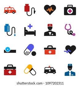 solid vector ixon set - pills vector, first aid kit, doctor bag, heart pulse, stethoscope, eye hat, hospital bed, amkbulance car, drop counter