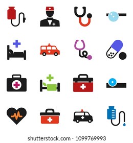 solid vector ixon set - pills vector, first aid kit, doctor bag, heart pulse, stethoscope, eye hat, hospital bed, amkbulance car, drop counter