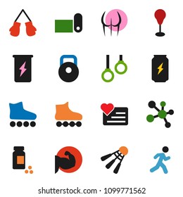 solid vector ixon set - pills vial vector, weight, punching bag, muscule hand, buttocks, boxing glove, roller Skates, enegry drink, molecule, fitness mat, shuttlecock, heart monitor, gymnast rings