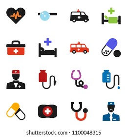 solid vector ixon set - pills vector, first aid kit, doctor bag, heart pulse, stethoscope, eye hat, hospital bed, amkbulance car, drop counter