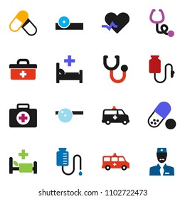 solid vector ixon set - pills vector, first aid kit, doctor bag, heart pulse, stethoscope, eye hat, hospital bed, amkbulance car, drop counter