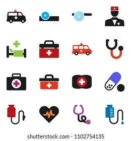 solid vector ixon set - pills vector, first aid kit, doctor bag, heart pulse, stethoscope, eye hat, hospital bed, amkbulance car, drop counter