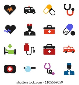 solid vector ixon set - pills vector, first aid kit, doctor bag, heart pulse, stethoscope, eye hat, hospital bed, amkbulance car, drop counter