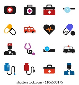 solid vector ixon set - pills vector, first aid kit, doctor bag, heart pulse, stethoscope, eye hat, amkbulance car, drop counter