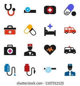 solid vector ixon set - pills vector, first aid kit, doctor bag, heart pulse, stethoscope, eye hat, hospital bed, amkbulance car, drop counter