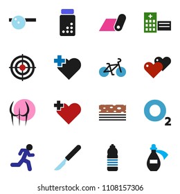 solid vector ixon set - pills vial vector, bike, buttocks, target, water bottle, fitness mat, breads, heart cross, oxygen, run, scalpel, eye doctor hat, hospital building, potion