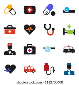 solid vector ixon set - pills vector, first aid kit, doctor bag, heart pulse, stethoscope, eye hat, hospital bed, amkbulance car, drop counter