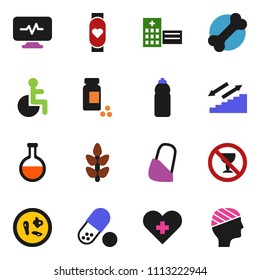 solid vector ixon set - pills vial vector, heart monitor, water bottle, stairways run, cereals, no alcohol sign, bone, disabled, cross, flask, microbs, hospital building, diagnostic, bandage, head