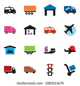 solid vector ixon set - plane vector, traffic light, ship, truck trailer, delivery, car, warehouse, amkbulance, garage, relocation, trolley