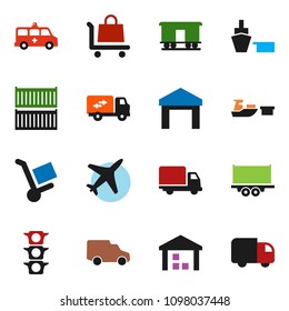 solid vector ixon set - plane vector, traffic light, truck trailer, sea container, delivery, car, port, warehouse, Railway carriage, amkbulance, relocation, trolley