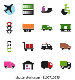 solid vector ixon set - plane vector, traffic light, ship, truck trailer, sea container, delivery, car, cargo, warehouse, Railway carriage, disabled, amkbulance