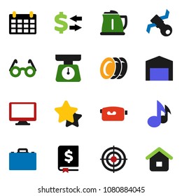solid vector ixon set - plates vector, kettle, scales, glasses, case, music, exchange, annual report, calendar, target, satellite, video camera, monitor, barn, star, home