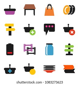 solid vector ixon set - plates vector, jar, signpost, film frame, battery, message, table, shopping bag, basket