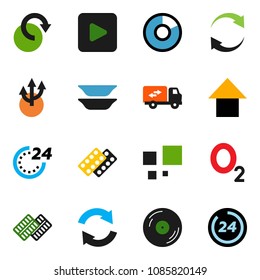 solid vector ixon set - plates vector, pie graph, arrow up, oxygen, disk, play button, pills blister, refresh, redo, loading, route, relocation truck, 24 hour