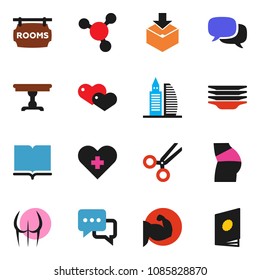 solid vector ixon set - plates vector, book, molecule, muscule hand, buttocks, package, dialog, heart, cross, scissors, rooms signboard, office building, table, catalog