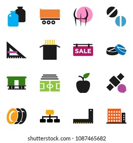 solid vector ixon set - plates vector, jar, pasta, corner ruler, apple fruit, hierarchy, stadium, buttocks, satellite, truck trailer, Railway carriage, pills, sale signboard, apartments