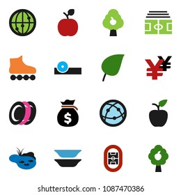 solid vector ixon set - plates vector, apple fruit, leaf, money bag, yen sign, stadium, roller Skates, internet, eye doctor hat, pond, tree