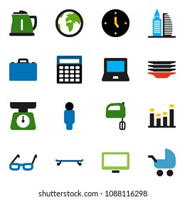 solid vector ixon set - plates vector, kettle, scales, mixer, glasses, case, notebook pc, calculator, clock, man, skateboard, earth, equalizer, monitor, office building, baby stroller