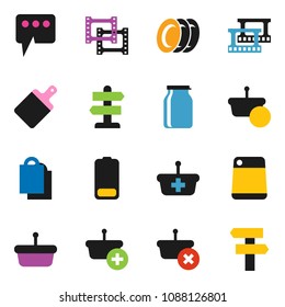solid vector ixon set - plates vector, cutting board, jar, signpost, film frame, battery, message, shopping bag, basket