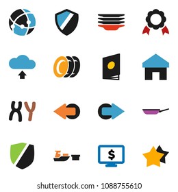 solid vector ixon set - plates vector, pan, medal, monitor dollar, port, protected, chromosomes, connection, shield, home, arrow, cloud upload, catalog, star