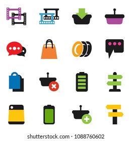 solid vector ixon set - plates vector, cutting board, signpost, film frame, battery, message, shopping bag, basket