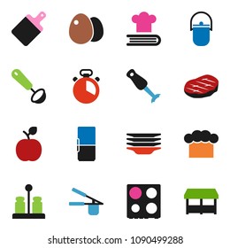 solid vector ixon set - plates vector, camping cauldron, cook hat, timer, press, ladle, cutting board, oven, cookbook, spices, blender, egg, steak, apple fruit, fridge, market
