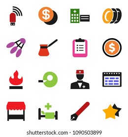 solid vector ixon set - plates vector, turk coffee, pen, schedule, clipboard, dollar coin, shuttlecock, flammable, doctor, insemination, hospital bed, building, usb modem, market, star