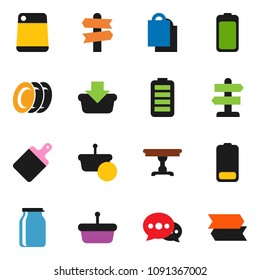 solid vector ixon set - plates vector, cutting board, jar, signpost, battery, message, table, shopping bag, basket