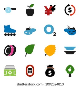 solid vector ixon set - plates vector, apple fruit, leaf, exchange, money bag, yen sign, stadium, roller Skates, oxygen, eye doctor hat, pond, tree