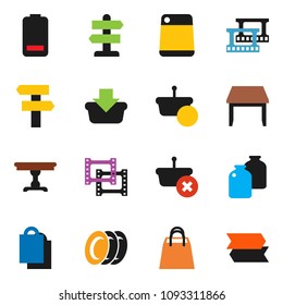 solid vector ixon set - plates vector, cutting board, jar, signpost, film frame, battery, table, shopping bag, basket