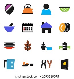 solid vector ixon set - plates vector, kettle, colander, measuring cup, school building, calendar, cereals, port, mortar, chromosomes, shield, home, user, catalog