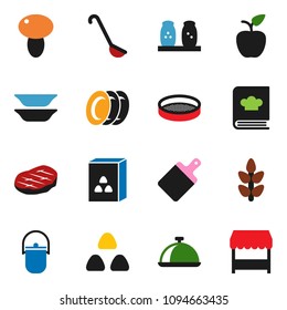 solid vector ixon set - plates vector, camping cauldron, ladle, cutting board, cookbook, spices, sieve, dish, cereal, mushroom, steak, apple fruit, cereals, market