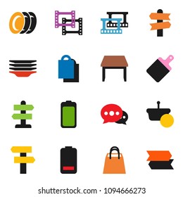 solid vector ixon set - plates vector, cutting board, signpost, film frame, battery, message, table, shopping bag, basket