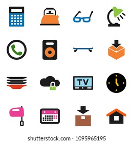 solid vector ixon set - plates vector, kettle, mixer, glasses, table lamp, calculator, clock, skateboard, calendar, package, tv, speaker, cloud lock, phone, home