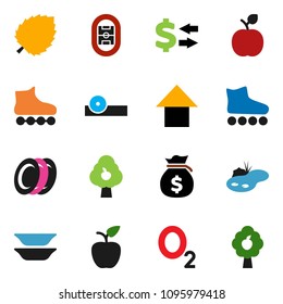 solid vector ixon set - plates vector, apple fruit, leaf, exchange, money bag, arrow up, roller Skates, oxygen, stadium, eye doctor hat, pond, tree